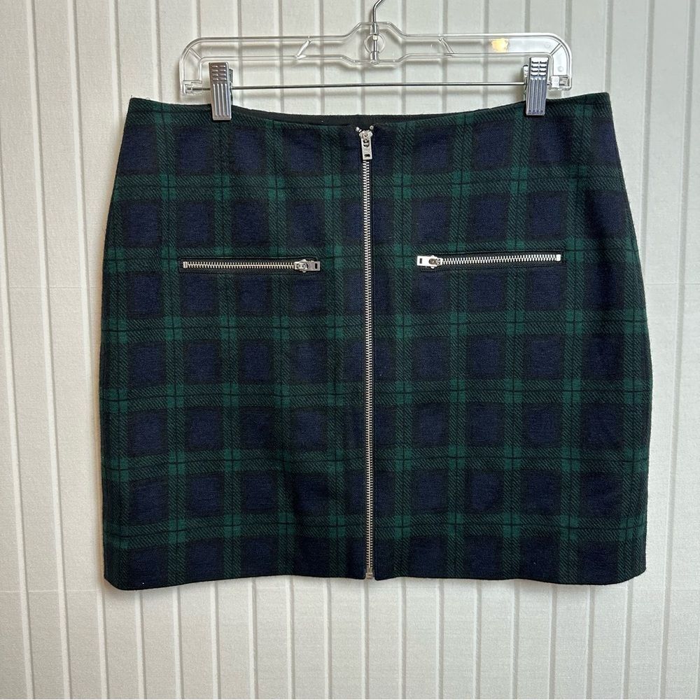 New! Madewell sz 12 Green/ Black Plaid Mini Skirt Zip Wool